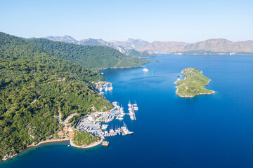 Adakoy coastline drone view in Marmaris Town of Turkey