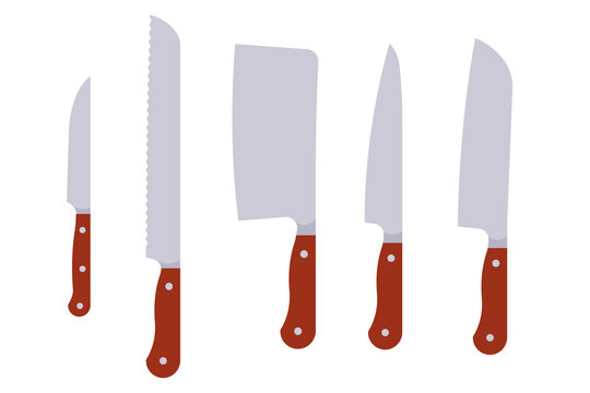 Set of kitchen knives with metal blades and brown handles. Includes chef knife, cleaver, serrated and utility knives. Simple illustration, stock flat vector, isolated.