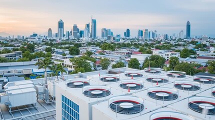 Urban Vista: An array of air conditioning units on a building rooftop provides a striking juxtaposition against a stunning cityscape backdrop, creating a view of urban life