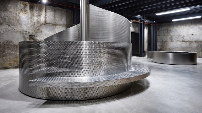 Modern industrial staircase with geometric sunbeam shadows, perforated metal steps creating zebrastriped patterns on concrete walls, in a minimalist basement setting