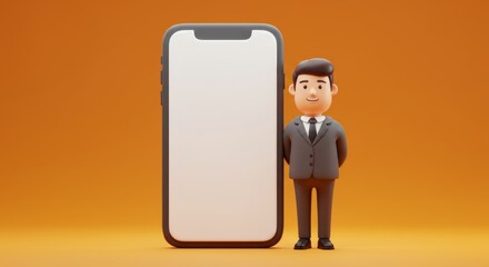 Businessman cartoon with smartphone on orange background for technology theme
