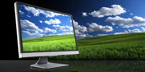 Fototapeta premium Desktop wallpaper field and sky on computer screen digital art design background