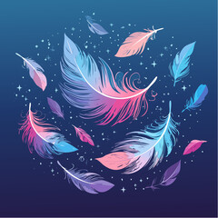 Obraz premium A magical flight of colorful, glowing feathers floating in a circular pattern. An ethereal and beautiful vector illustration on a dark blue background.