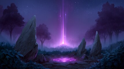 Obraz premium Mystical portal with glowing purple energy in a dark forest clearing with standing stones