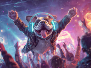 Dancing Dog Wearing Headphones at a Party