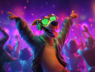 Dancing Dog Wearing Headphones at a Party