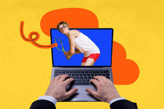 Banner creative poster art collage of serious sportsman hold rocket sportive lifestyle laptop hands type keypad determination