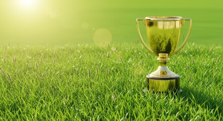 Golden trophy on lush green grass symbolizing victory and success