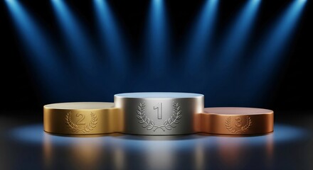 A three tiered podium with gold silver and bronze medals under spotlights
