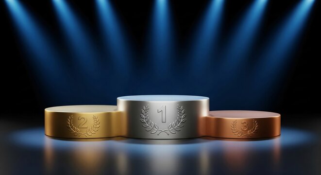 A three tiered podium with gold silver and bronze medals under spotlights