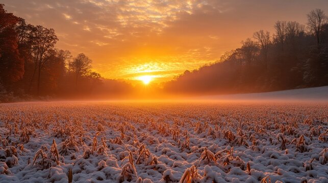 Winter sunrise over a snowy cornfield