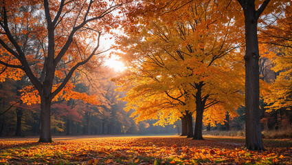 Fototapeta premium Warm sunlight shining through colorful autumn trees in public park
