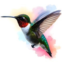 Obraz premium Flying hummingbird in side view, painted in watercolor style and isolated on a white background. Perfect for nature-inspired artwork, decorative prints, wildlife illustrations, and spring or garden-th
