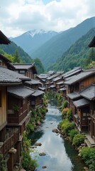 A mountain valley with a stream flowing through a village of wooden houses.