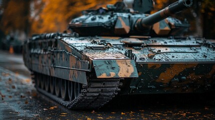 Fototapeta premium Camouflaged tank on a wet street