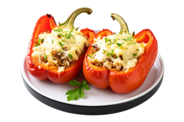 Baked Stuffed Bell Peppers with Melted Cheese and Rice Filling, Transparent Background