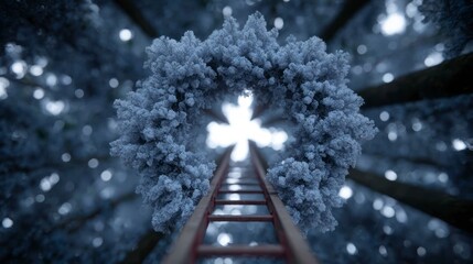 Frosted evergreen branches form a circular frame around a ladder reaching toward bright light