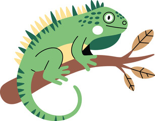 Cartoon iguana perched on tree branch, vibrant green reptile illustration, tropical animal artwork, educational nature design, wildlife drawing, fun character