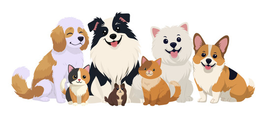 Charming vector illustration of a diverse group of pets sitting together. The image features dogs, cats, and a small rodent, all with friendly expressions, highlighting pet diversity.