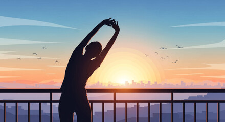 Fototapeta premium Silhouette stretching on balcony at sunrise with birds and city skyline