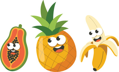 Cartoon papaya, pineapple, banana with smiling faces, fun fruit characters promoting healthy eating, tropical fresh food concept, vibrant design