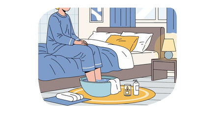 Person relaxing with feet in water bowl beside bed, enjoying home spa treatment