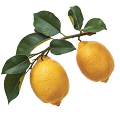 lemons on branch with leaves, isolated on background