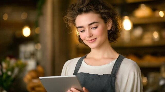 Joyful woman baking in a bakery with soft lighting