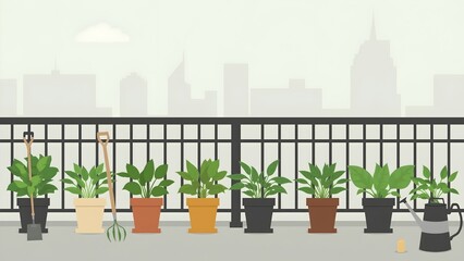 Naklejka premium Urban balcony gardening with potted plants and tools