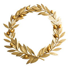 A golden laurel wreath with detailed leaves and small fruits, set against a transparent background. Ideal for awards or achievements.