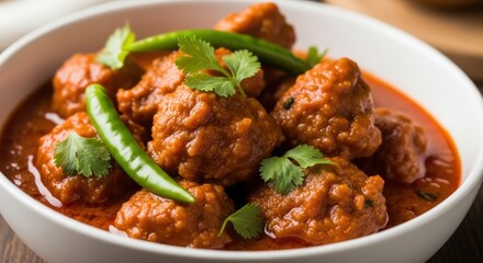 Fototapeta premium Delicious Indian Meatball Curry Served in a White Bowl Garnished with Chili and Cilantro
