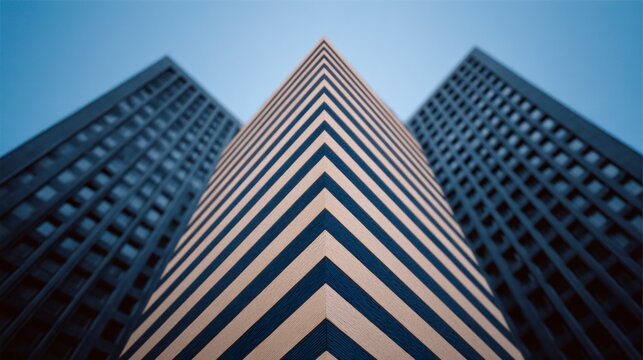 Low angle view of modern skyscrapers against a clear blue sky showcasing geometric patterns