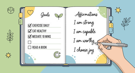 Hand writing personal goals and affirmations in a journal for self improvement and wellness