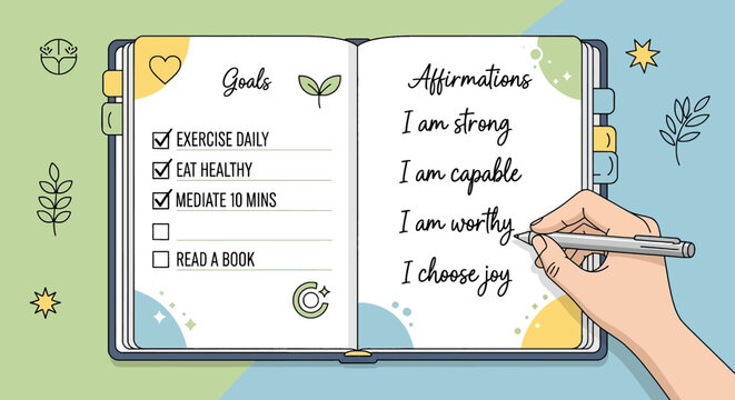 Hand writing personal goals and affirmations in a journal for self improvement and wellness