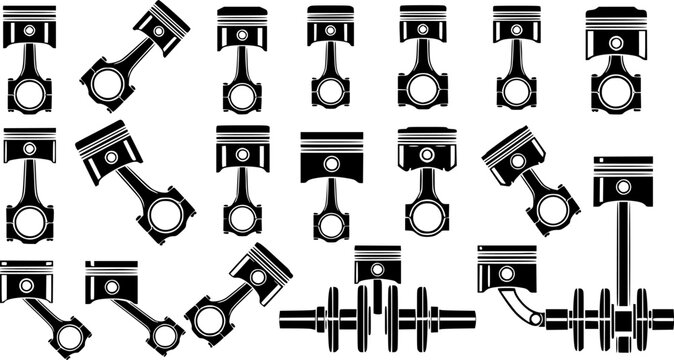 Car engine piston icons set. Collection of various engine pistons, highlighting diverse connecting rod and crankshaft configurations