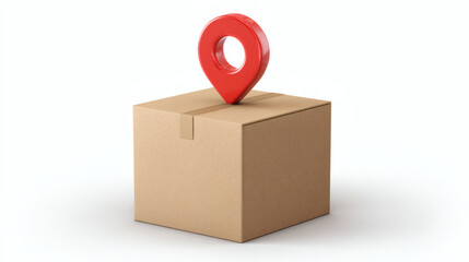 A brown cardboard box with a red pin point location on a white background, delivery package