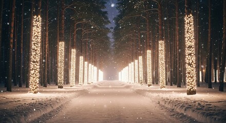 Enchanting snowy forest path illuminated by warm string lights at dusk