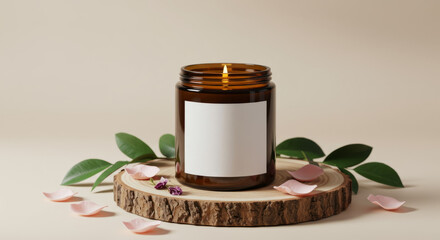Aromatic candle on wooden base with petals and leaves for relaxation and spa ambience