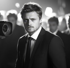 Charismatic actor poses confidently in a formal suit before a crowd at a glamorous event