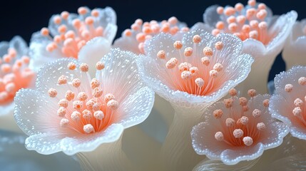 Delicate coral-like flowers glistening with droplets in an ethereal underwater world