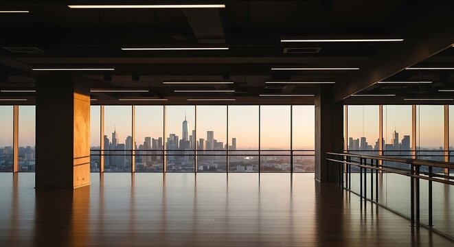 Skyline Scenery from Interior Dance Studio with Wooden Floors and Rail