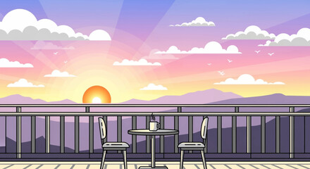 Serene balcony view with sunrise over mountains and a table set for two