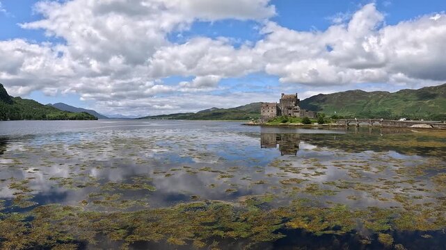 Eilean Donan Castle, Isle of Skye. Scotland Slow motion