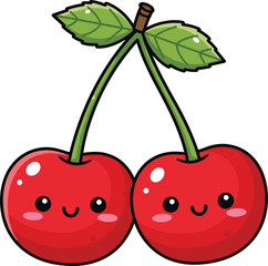 Happy Strawberry Characters Smiling, Cute Fruit Cartoon, Kawaii Style Illustration, Red Berry with Green Leaves, Fun Design Asset, Adobe Stock Graphic