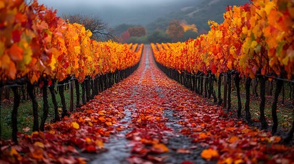 Autumn Vineyard Scene with Colorful Leaves on a Damp Path
