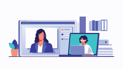 Illustration of two women in a video conference on laptops with books and plant on a white background