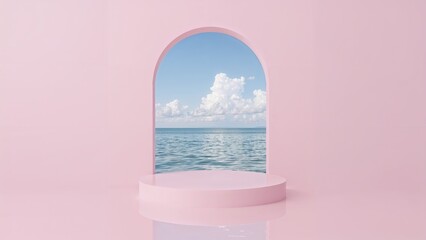 Fototapeta premium Pink cylindrical podium in an arched opening overlooking a calm blue ocean