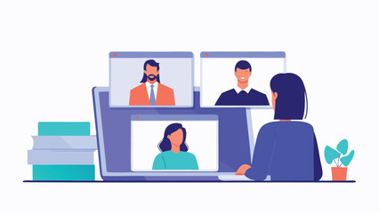 Obraz premium Woman attending a video conference with three participants on a laptop screen display view online call
