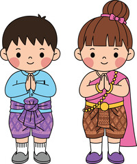 Traditional Thai children greeting, cultural attire cartoon, wai hand gesture, boy and girl illustration, festival dress, heritage style, cute pose