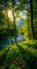 Obraz premium Verdant Forest River Scene with Vibrant Flora and Sunlight Splendor
